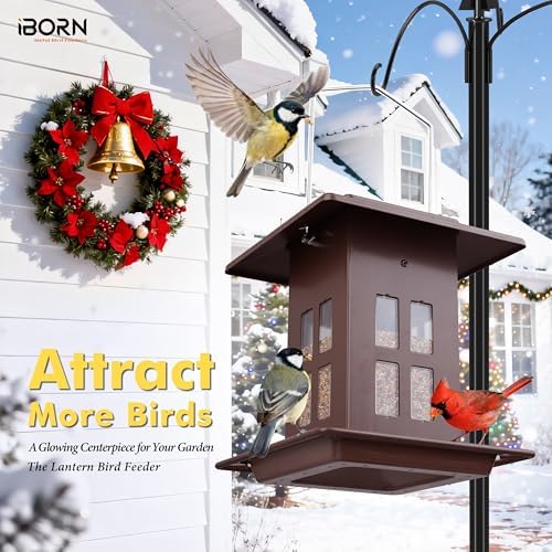 iBorn Bird Feeder for Outdoor Hanging,Metal Bird Feeder Hanging Outside for Cardinal, Double-Sided Hanger Wild Birdfeeder All Metal Constructions, Holds 2.3LB Seed, Bronze,8 Ports