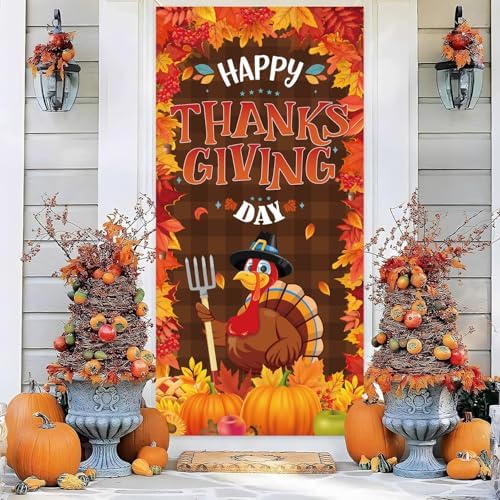 Happy Thanksgiving Door Banner Porch Sign, Fall Harvest Turkey Pumpkin Door Cover Banner, Thanksgiving Indoor Outdoor Party Decorations