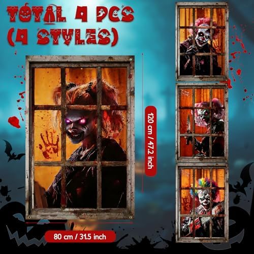 SmoothNovelty 4 Pack Halloween Clown Curtain Window Decorations Silhouette