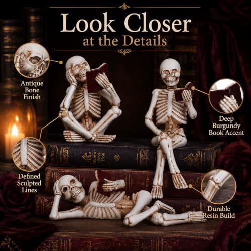 Dlfghos 3 Pieces Halloween Skeleton Statue Halloween Skull Figurine Home Decor Reading Skeleton Figurines Decorations for Indoor Fireplace Home Kitchen Desk Office Party