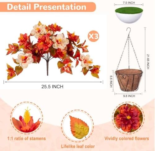Artificial Fake Fall Hanging Flowers with Basket for Outdoors Decoration