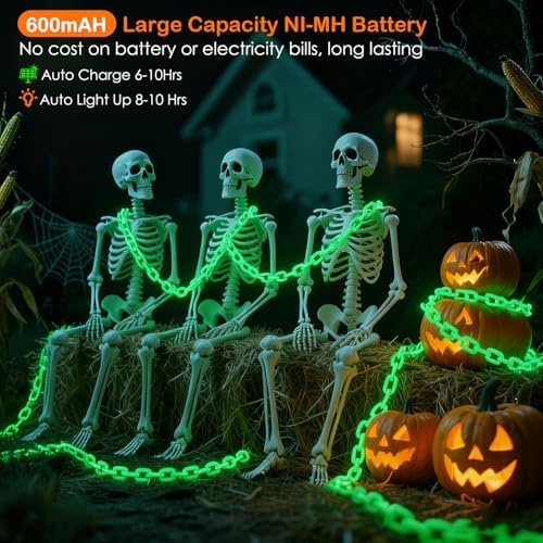 Solar Halloween Decorations Outdoor, 10FT Green Chain String Lights with 8 Modes, Waterproof Halloween Lights Outdoor for Haunted House Party Cosplay Props Skeleton Dog Yard Fence