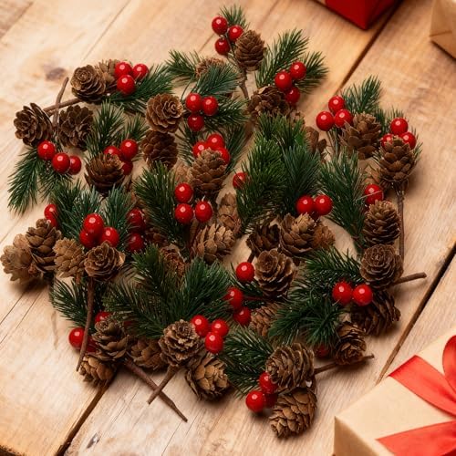 24 PCS Artificial Pine Picks with Pine Needles Branches & Red Berry Stems - 3.15'' Small Fake Berries Pinecones for Crafts, Christmas Tree DIY, Holiday Wreath Decor