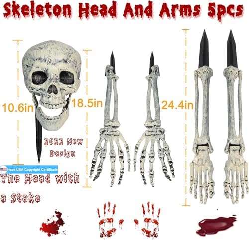 Halloween Skeleton Stakes Decorations, Realistic Skeleton Halloween Decor, Hallo-ween Ske-leton Head and Arms with a Stake for Halloween Yard Scary Skeleton Decor 5pcs
