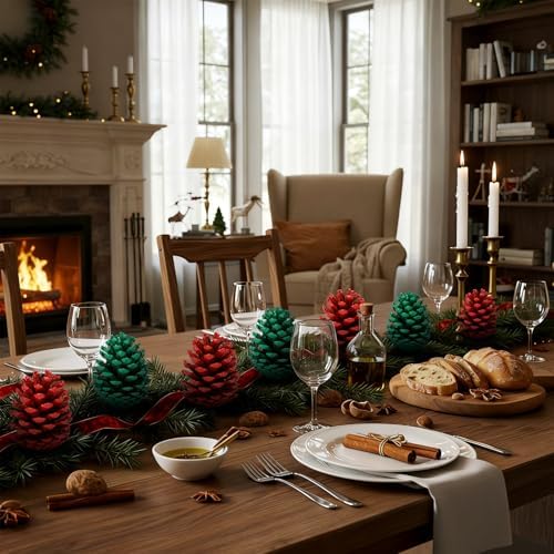 Janinka 24 Pcs 4 Inch Green Red Christmas Glitter Pine Cones Ornaments