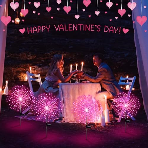 Tujoe 4 Pcs Halloween Solar Lights Outdoor Firework Lights Decor, Pink