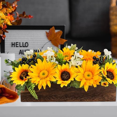 Sunflower Arrangement with Wood Tray Centerpieces for Tables Home Decor