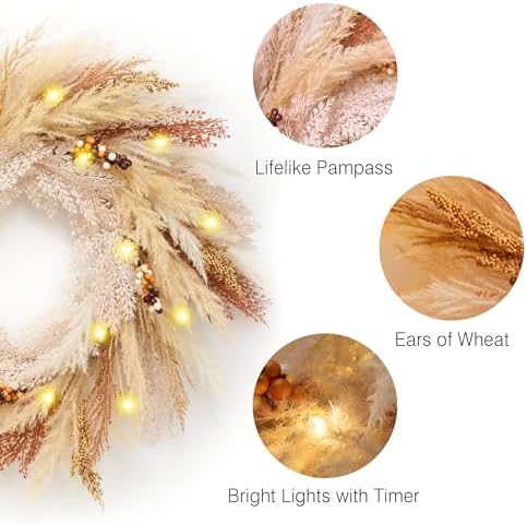 DecorbyHannah 24'' Neutral Fall Pampas Wreath with Lights for Front Door