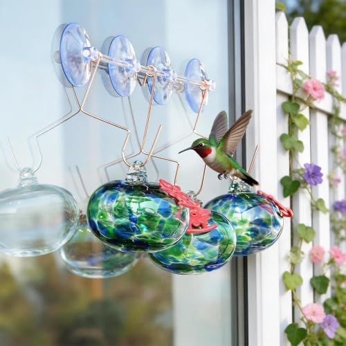 QFkris 3 Pack Blown Glass Hummingbird Feeder with Suction Cups for Window