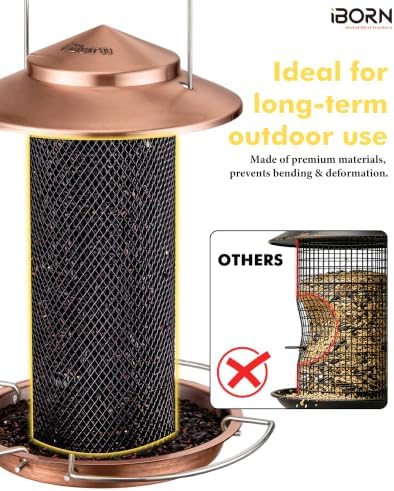 iBorn Wild Bird Feeder for Outside, Tube Bird Feeder for Finches with 3-Fold Stands, Mesh Body, Easy-Clean Detachable Base, 1.5L Small Seed Feeder for Yard and Garden, Copper, Pack of 1