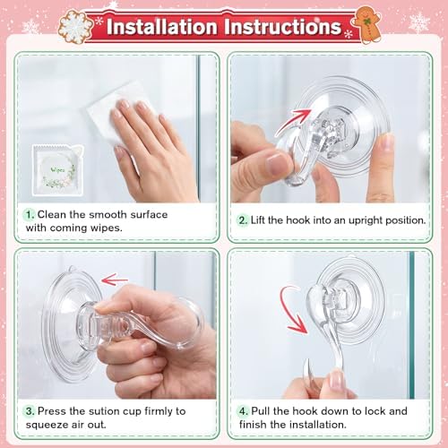 VIS'V Suction Wreath Hanger with Wipes, 22 Lb Capacity, Large, Clear, 8 Pcs