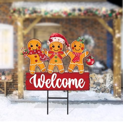 Whaline Christmas Metal Garden Stake Welcome Yard Sign Gingerbread Man Decorative Lawn Sign for Xmas Winter Holiday Home Outside Lawn Porch Walkway Decors