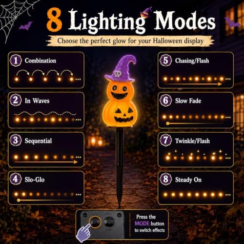 Halloween Decorations Solar Garden Lights, 4pcs Magic Hat Pumpkin Path Lights with 8 Lighting Modes, Waterproof Yard Light, LED Santa Claus Gift for Yard Path Decor (Orange - Pumpkin)