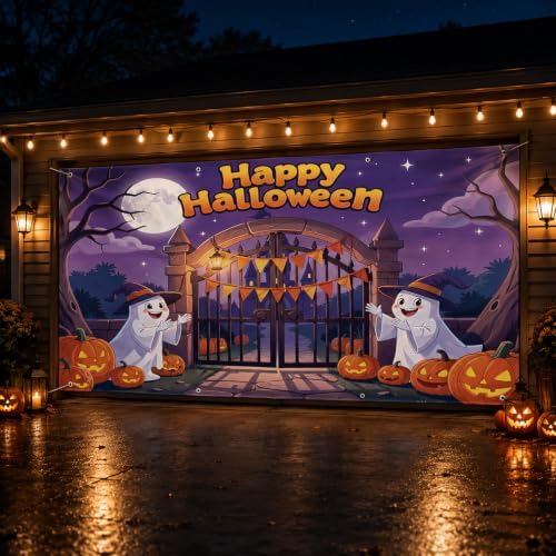 Halloween Garage Door Cover 7 x 16 ft, Ghost Gathering Banner