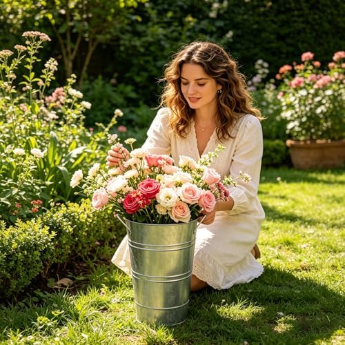 Galvanized Metal French Flower Bucket Vases, 10 Inch, 8 Pack