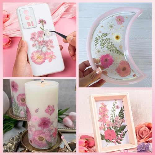 80pcs Pink Pressed Flowers Bulk, Romantic Dried Flower Leaves, Natural Pressed Dried Flowers with Tweezer for DIY Crafts Resin Mold Candles Cake Bridal Scrapbooking Supplies