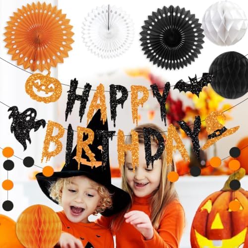 Halloween Birthday Decorations Banner with Honeycomb Ball Hanging Tissue