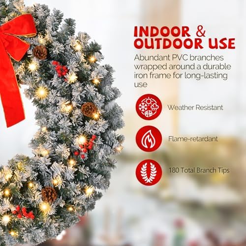 VINGLI 24" Battery Operated Pre Lit Christmas Wreath with 50 LED Lights