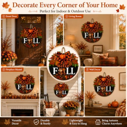 Fall Wreaths for Front Door Hello Fall Squirrel Door Hanger Thanksgiving Decor (Cute Hello Fall)
