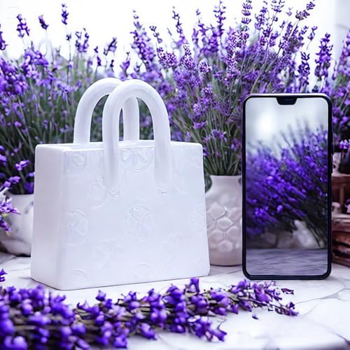 Handbag Shaped Ceramic Vase – White Small Decorative Vase with Clover Pattern, 5.9" L x 2.95" W x 7.08" H, Multi-Use for Flowers, Makeup Brushes & Pens, Elegant Gift for Women, Home & Wedding Decor