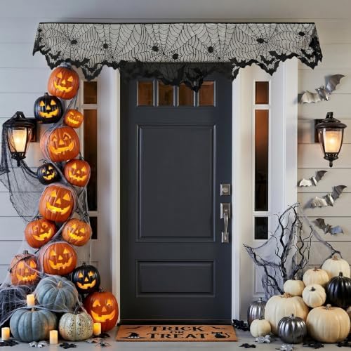 Black Lace Cobweb Halloween Fireplace Mantel Scarf Cover Decor, 18x96 in