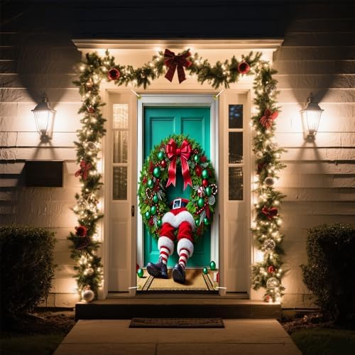 Funny Stuck Santa Legs Christmas Pine Ring Door Cover 35x71in