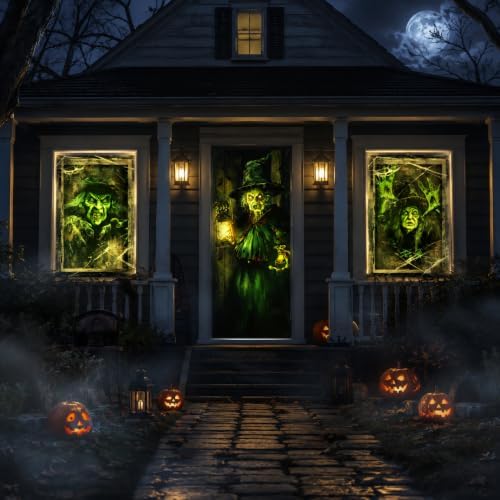 Fanfanwin 3 Pcs Halloween Door Window Cover Set Scary Decor, Witch