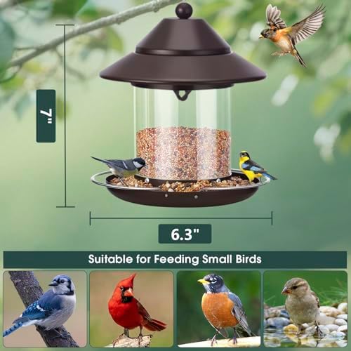 Bird Feeders for Outdoors, Hanging Small Metal Roof Bird Feeder with Clear Tube Seed Capacity for Viewing Cardinal Finch, Wild Birdfeeders for Outside Garden Yard Decoration (2lb:Brown)