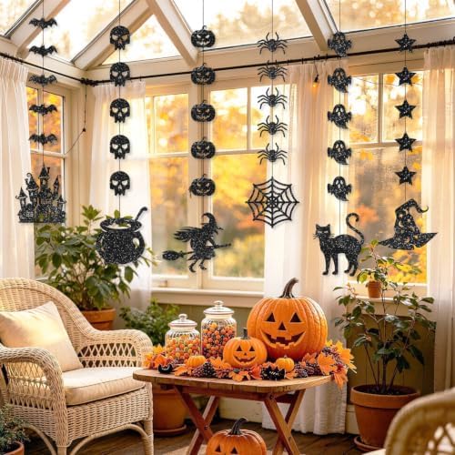 6Pcs Black Glitter Halloween Hanging Banner Halloween Decorations