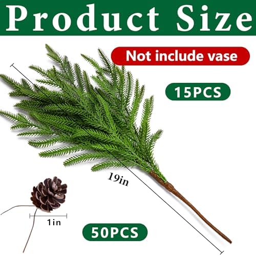 15 Pcs Christmas Norfolk Pine Branches Pine Cones, Faux Christmas Sprigs