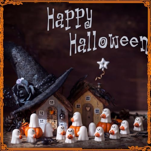 Thyle 50pcs Halloween Decorations Mini Ghost Pumpkin Resin Figurines Cute
