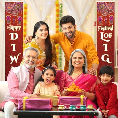 Diwali Porch Banner Sign Happy Diwali Door Decorations Indian Festival of Lights Hanging Banner for Indoor Outdoor, 12 X 71 Inch