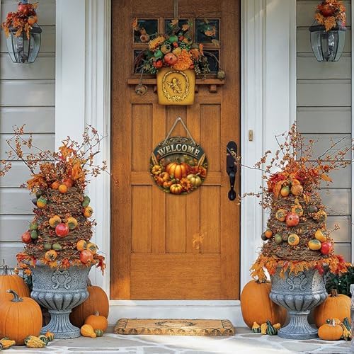 Fall Door Sign Autumn Pumpkin Welcome Wreath for Front Door Decor