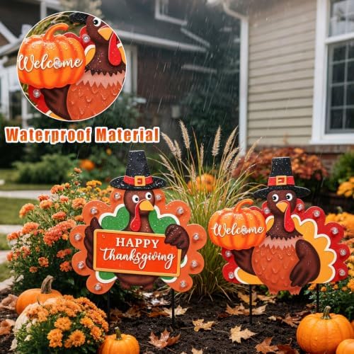 MUMTOP Thanksgiving Turkey Metal Garden Deocr Stake with LED Light Set of 2