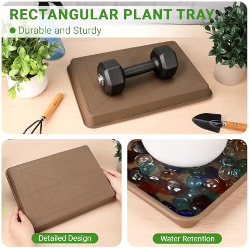 GREANER 3 Packs Plant Saucers for Indoors, 13x10 Inch Brown Plastic Tray, Rectangular Planter Trays and Saucers for Potted Plants
