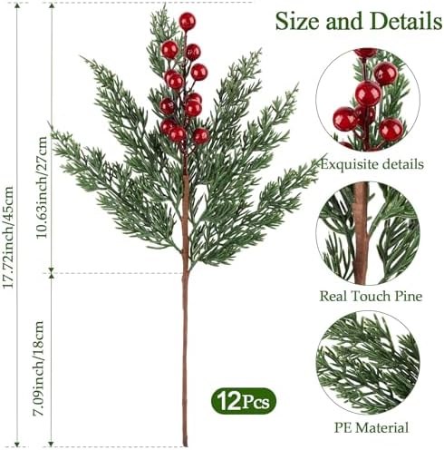 12Pcs/84Pcs Christmas Cedar Pine Branches with Berry Stems, Greenery Picks