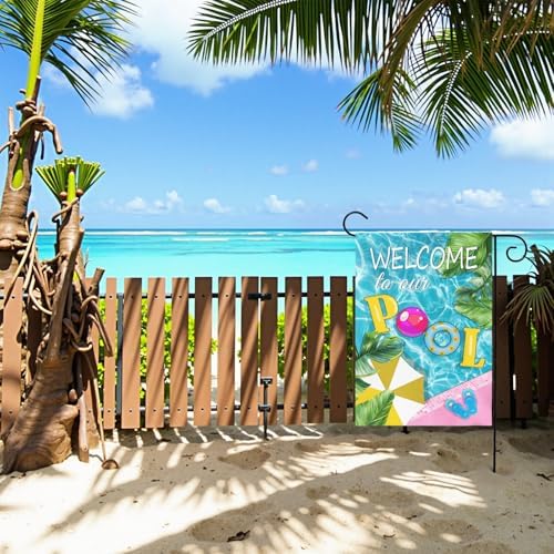 Welcome to Our Pool Garden Flag Vertical Double Sided Summer Swimming Pool Yard Flag Palm Leaf Parasol Garden Flags 12x18 Inch Holiday Party Seasonal Farmhouse Banner Outdoor Decor