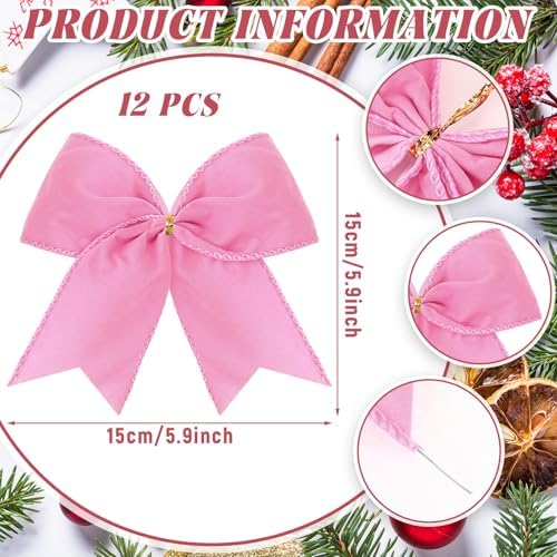 Janinka 12 Pcs 6 Inch Christmas Velvet Bows Decoration for Wreath, Pink