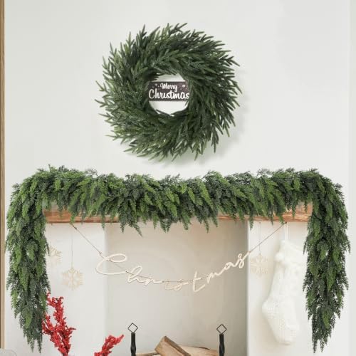 26" Christmas Norfolk Pine Wreath for Front Door (2, Wreath with Sign)