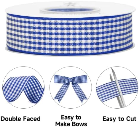 KINGLAKE Blue Gingham Ribbon - 1'' x 25 Yds Blue Plaid Ribbon