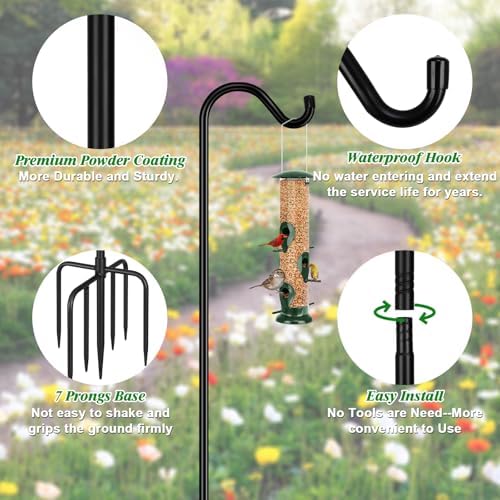 FEED GARDEN Shepards Hooks for Outdoor Bird Feeder Pole 92 Inch Adjustable Tall Heavy Duty Shepherds Hooks for Hanging Plant Baskets, Solar Lights, Wedding Decor, Lanterns, Black (2 Pack)