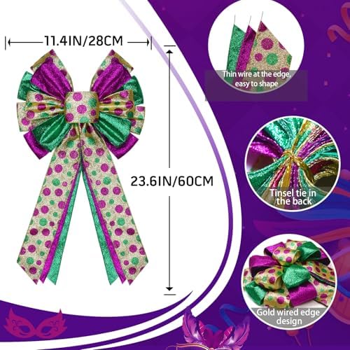 Mardi Gras Tree Topper Bow Decorations,12”x20” Large Glitter Wreath Bow Decor for Tree Holiday Party Wall Home Front Door Float Golf Cart Gold Green Purple