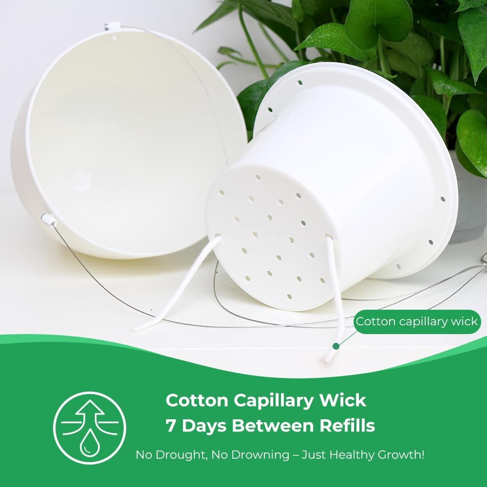 Self-Watering Hanging Planter Pot, Indoor Outdoor Plants, 6 Inch, 3 Pack | White | Stainless Steel Wire Hanger & Drip