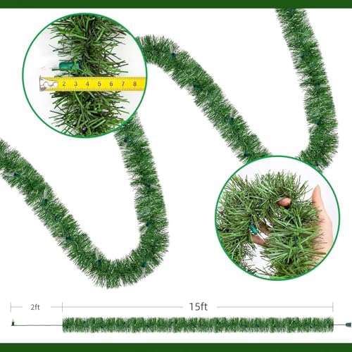 WATERGLIDE Lighted Christmas Green Garland 15FT, with Clear String Lights, Pre-lit Artificial Greenery Garlands, Plug in & Connectable Xmas Lights for Indoor Outdoor Holiday Party Decor