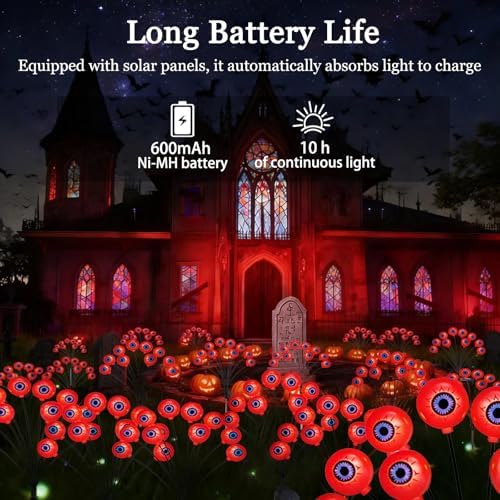 JUSTUP 2PCS Halloween Red Eyeball Solar Lights, IP55 Waterproof Outdoor Lawn Lighting with 10-LED LED Chips, Spooky Ambience Garden Decor for Gardens Lawns & Halloween Parties