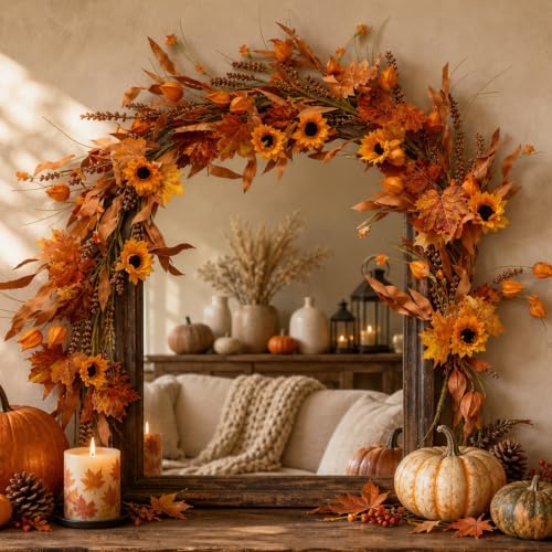 6 Ft Fall Garland for Mantle, Sunflower Autumn Garland with Maple Leaves