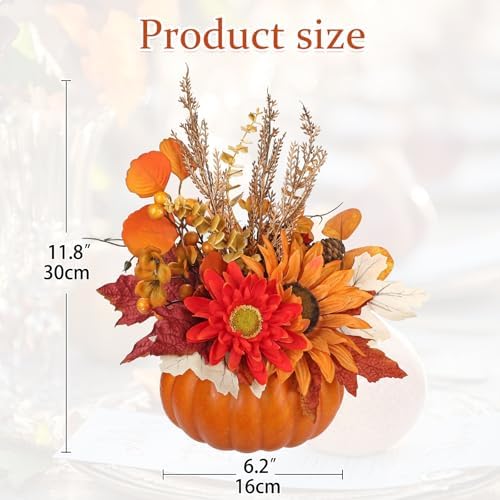 Artificial Pumpkin Fall Décor - Autumn Table Centerpieces with Red Faux Flowers, Maple Leaves, Sunflowers, Pumpkin – Halloween, Thanksgiving & Harvest Home Decoration