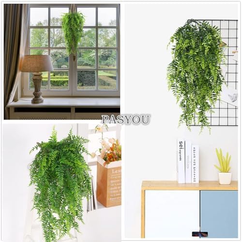Artificial Boston Hanging Plants, Fake Ferns Ivy Plastic Plant Vine Faux Leaves UV Resistant Vines Greenery for Indoor Outdoor Bathroom Decor Office Garden Party Wedding DIY Decoration 4 Pack