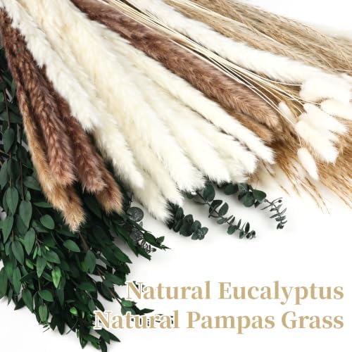 Boho Dried Flower Bouquet with Pampas Grass, Bunny Tail Grass, Reed & Preserved Eucalyptus – Natural Floral Arrangement for Home Decor, Wedding Centerpiece & Vase Filler