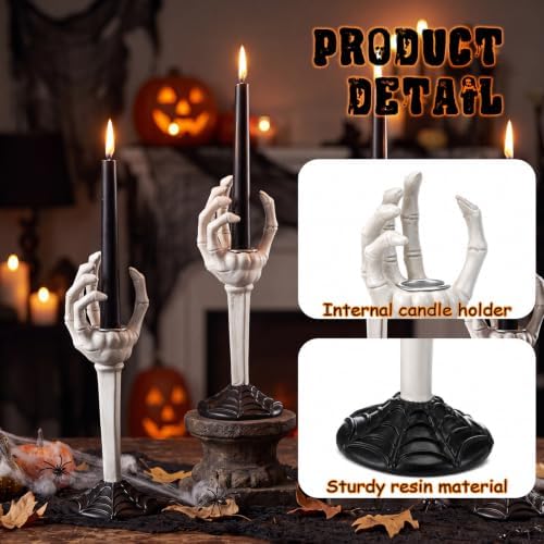 Qinyoung 2 Set Halloween Skull Taper Candle Holders, Black Resin Gothic